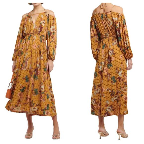 Ulla Johnson Dress Noemi Amber Floral Midi Off Shoulder Cut Out Yellow Brown P 0